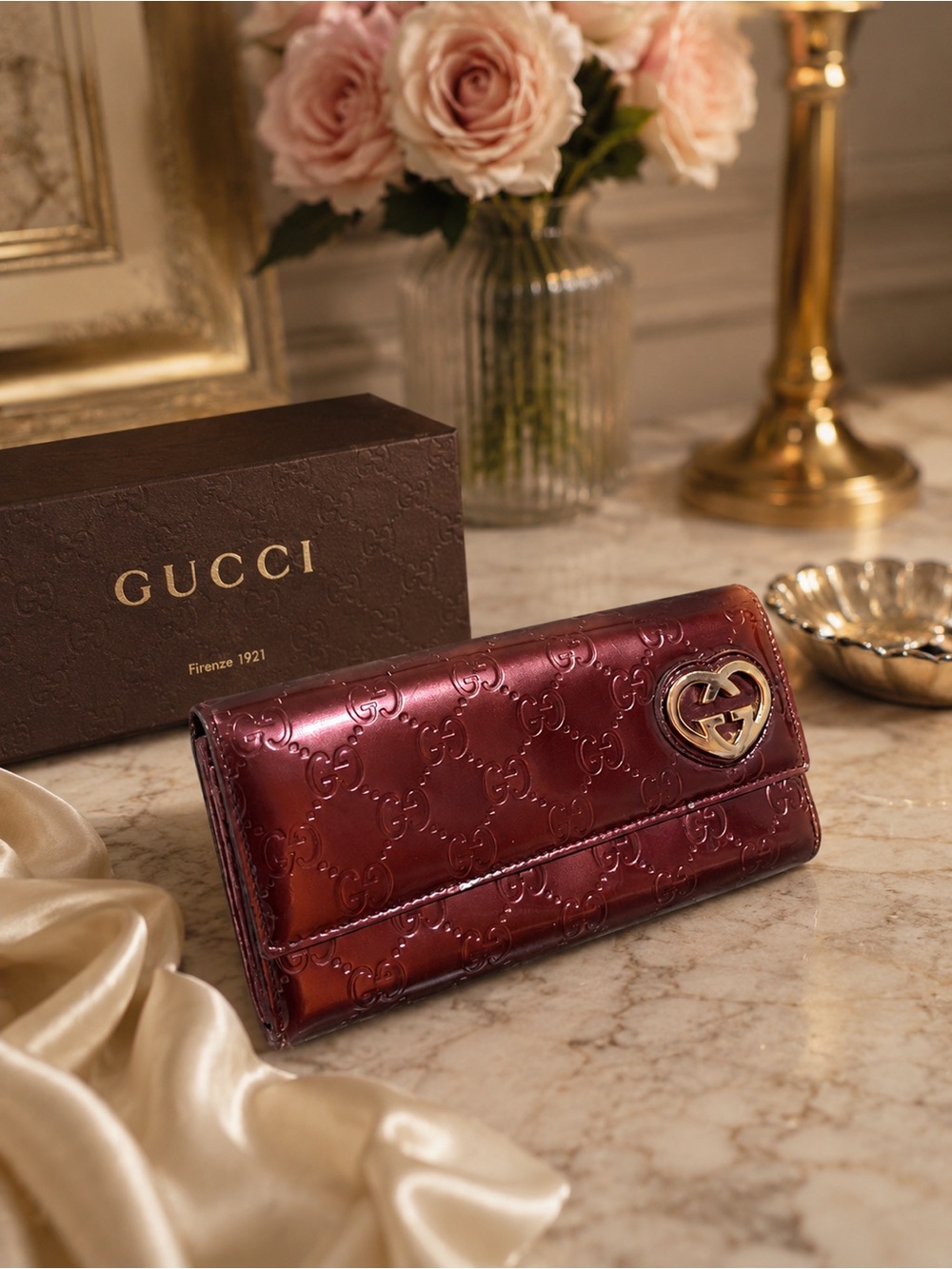Gucci Shine Guccissima Lovely Heart Continental Wallet Scarlatto Authentic